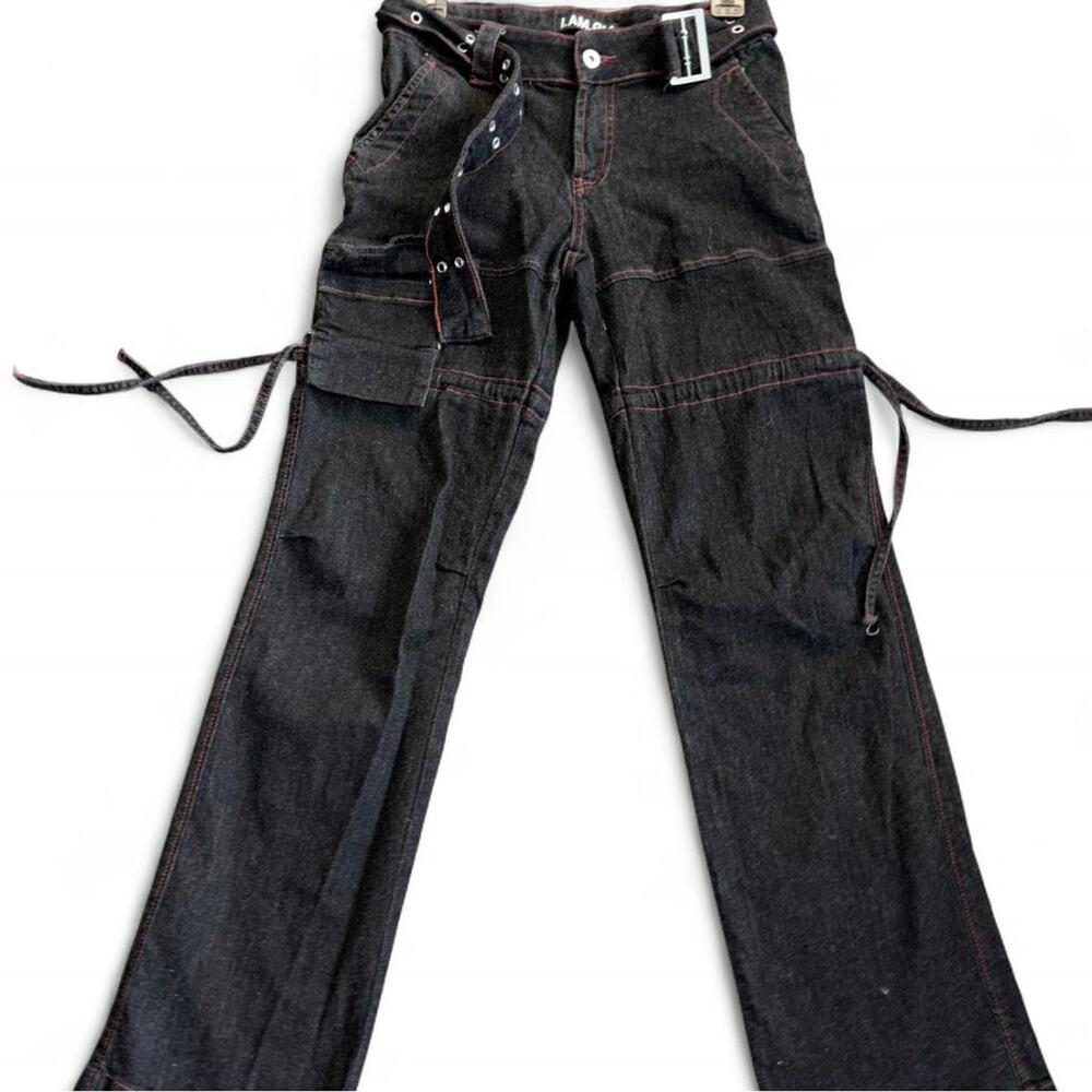 I AM GIA grunge black wide leg jeans with red stitching , belted, small